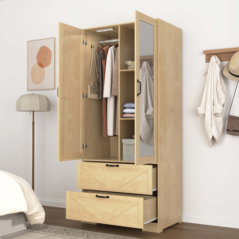2 Door Wood Wardrobe with Hanging Rod, 2 Drawers, and Induction Light for Bedroom Storage and Organization