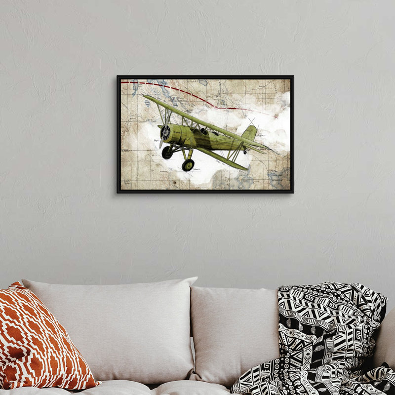 Biplane, impression d’art graphique sur toile, H 22 po x l 32 po x P 1,75po, Toile avec cadre flottant noir