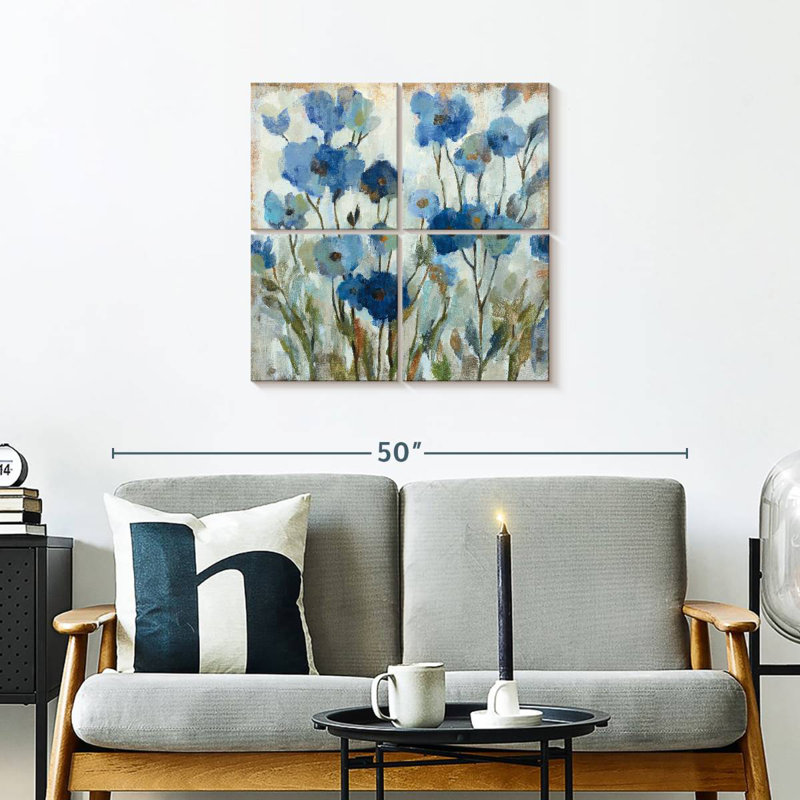 Floral abstrait en bleu III, H 26 po x l 26 po