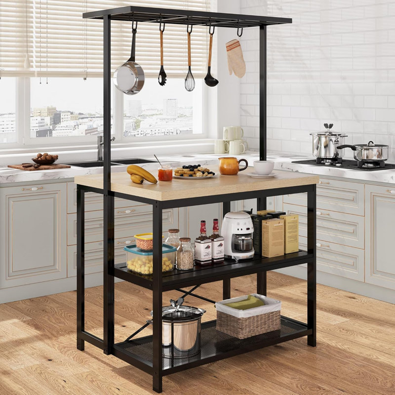Kitchen Island with Breakfast Bar, Kitchen Storage Rack with Storage Shelves, Glass Holders & Sturdy Wooden Breakfast Bar, Dining Bar Table for Living Room Cooking, Dining & Extra Storage, Without Chair