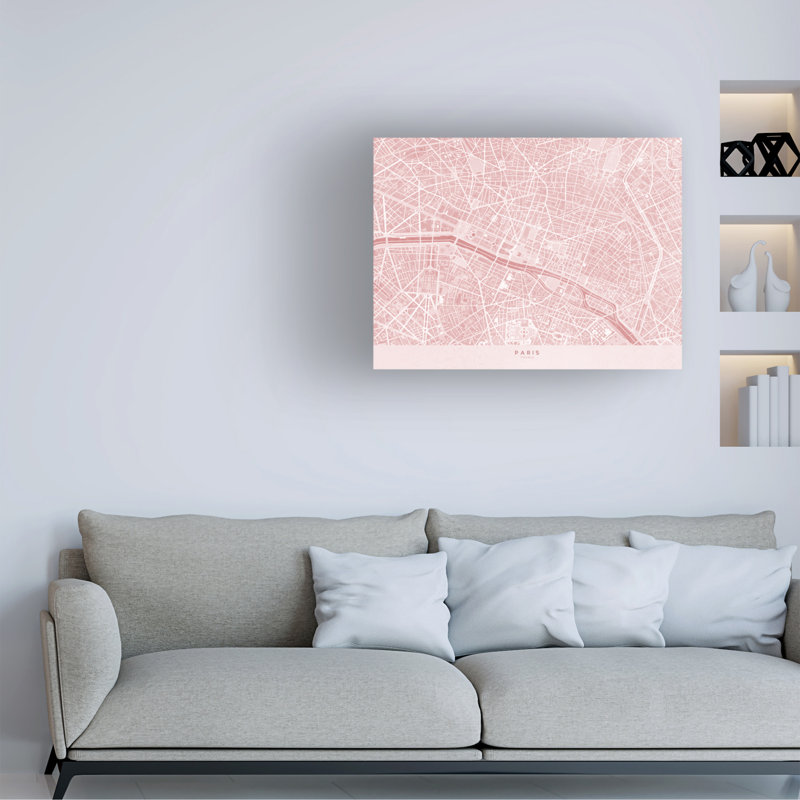 «Urban Living», carte de Paris délavée rose sur toile, H 24 po x l 32 po x P 2 po