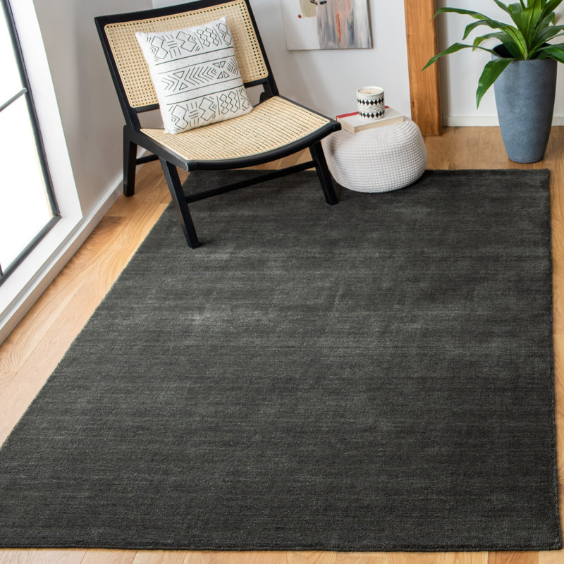 Tapis gris anthracite en laine et en coton tissé à la main Ewen, Rectangle 8 pi x 10 pi