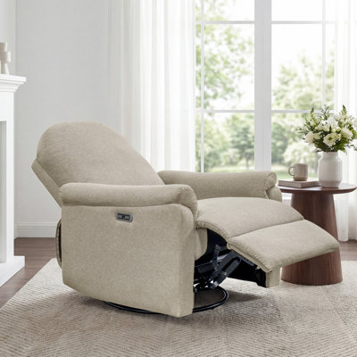 Elio Beige Upholstered Power Swivel Glider Recliner with USB and USB-C Ports