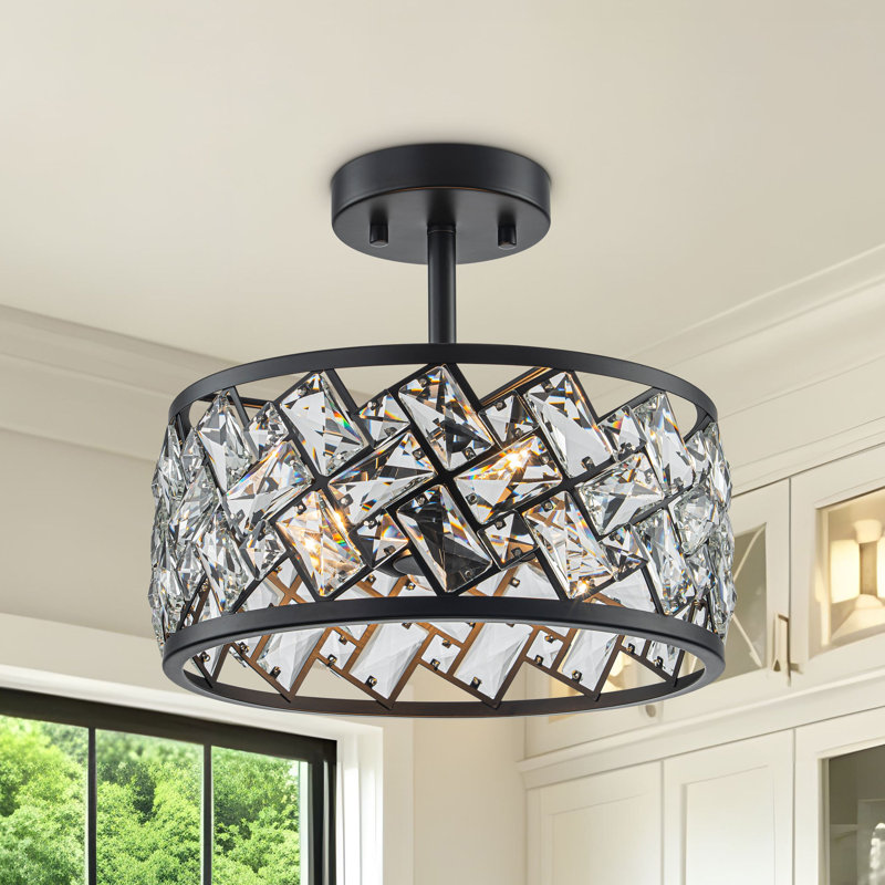 Plafonnier semi-encastré à 3 lumières en cristal à cage géométrique moderne 3 pièces, Noir