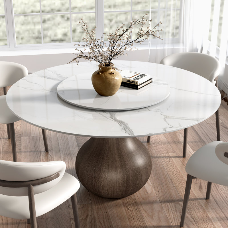 Table de salle à manger sur pied en bois massif avec plateau tournant amovible, Blanc, H 29,52 po x L 59 po x l 59 po