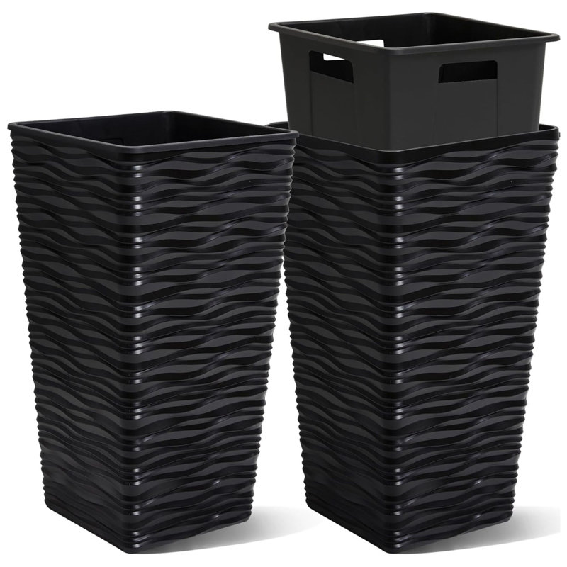 Lot de 2 jardinières carrées coniques en plastique de 56 cm de hauteur avec pots intérieurs, noires, Black