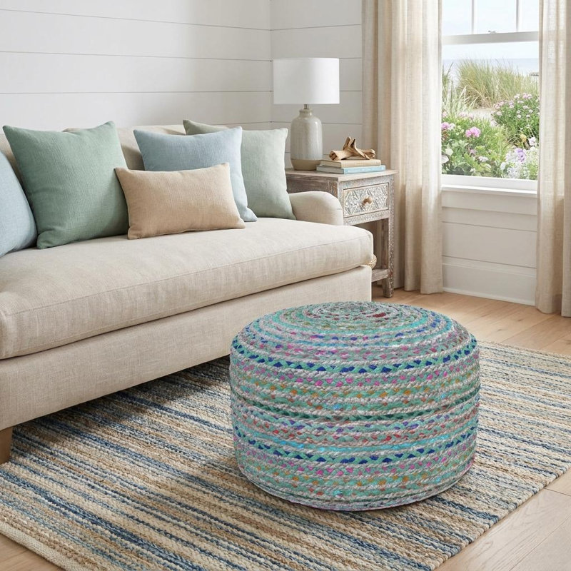 Pouf rond 20 po en jute et coton rayé bleu gris et vert