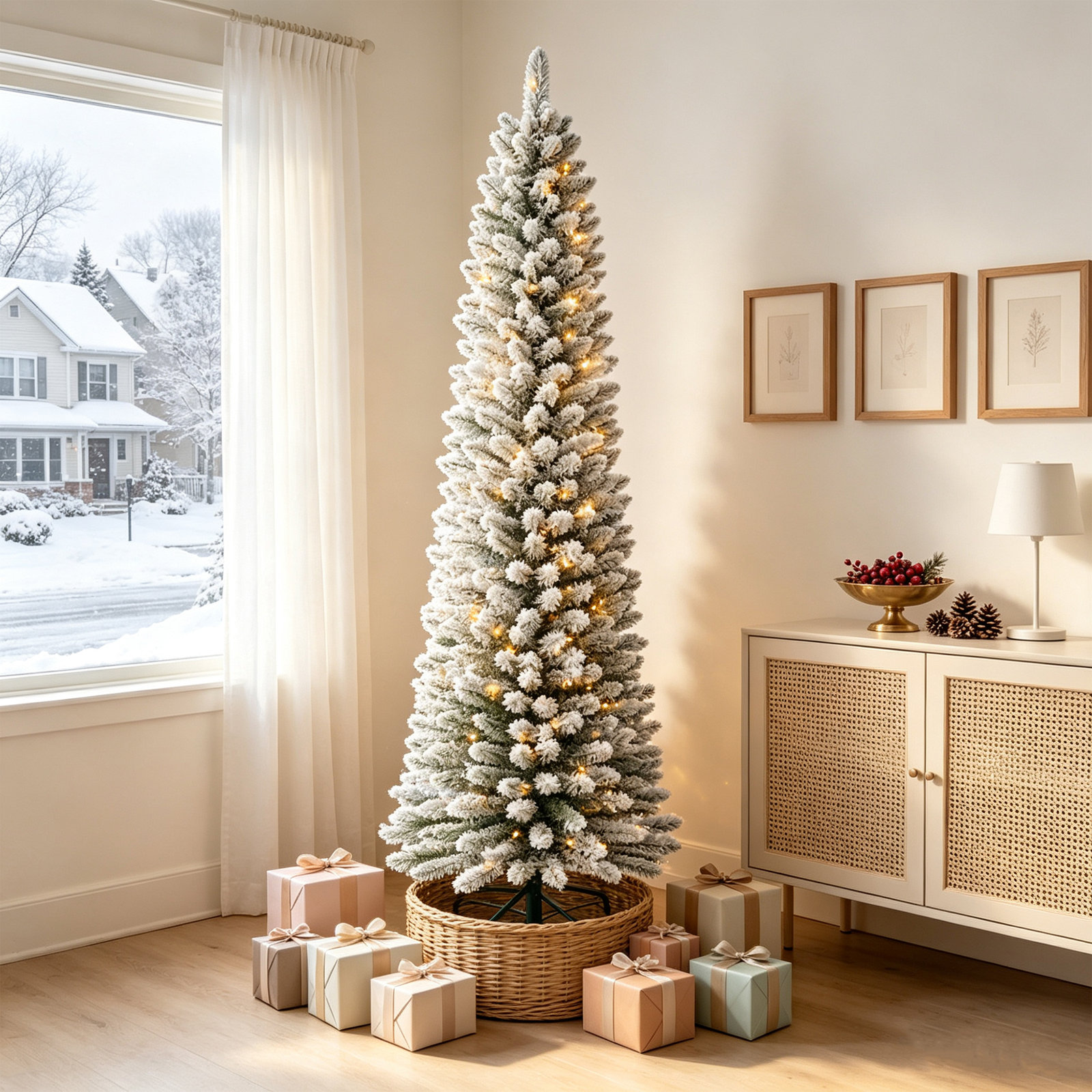 Pre-Lit Flocked Slim Christmas Tree, 12' H