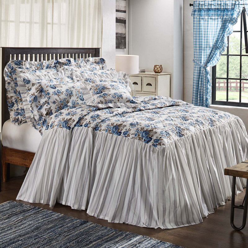Annie Floral Standard Cotton Reversible Coverlet, Twin Coverlet, Dusk Blue