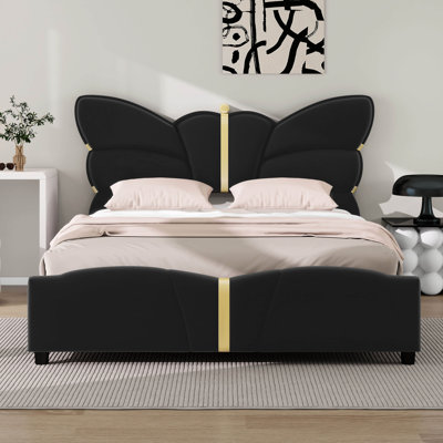 Full Bed Frame With Butterfly Headboard And Footboard, PU Leather Upholstered Platform Bed With Gold Metal Decor
