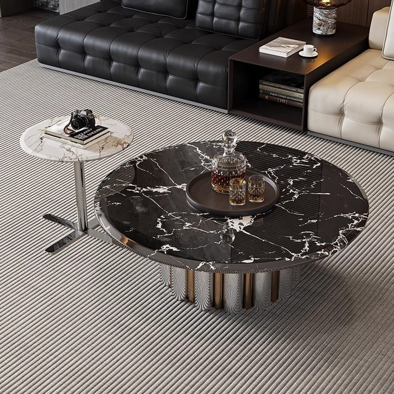 Noir, ensemble de tables basses rondes en faux marbre et en acier inoxydable, 21.65" H x 53.15" W x 39.37" D