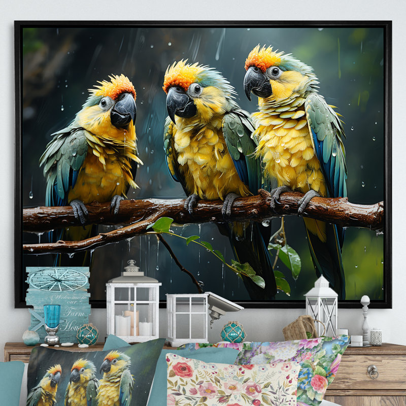 Green And Yellow Parrots Rainforest Chorus I - Parrot Canvas Art Print, Cadre flottant noir, H 34 po x l 44 po x P 1,5 po