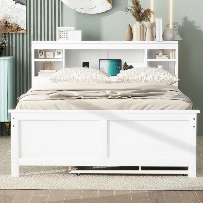 Lit plateforme blanc avec rangement pour tête de lit et lit gigogne - 3 tiroirs, Blanc