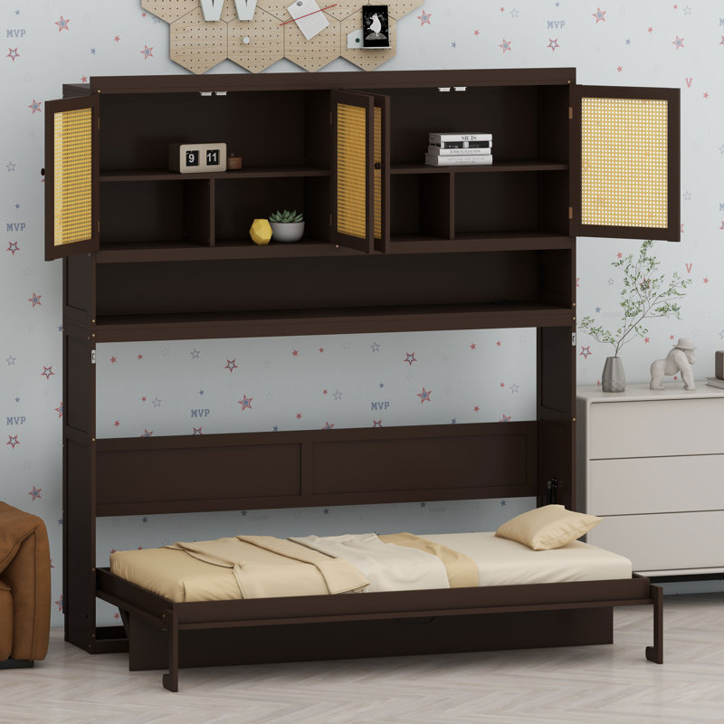 Lit escamotable peu encombrant avec armoire supérieure, éclairage intégré et ports USB, Espresso
