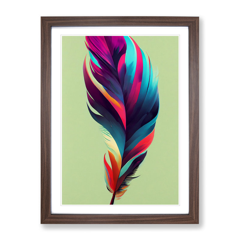 Colourful Feather No.3 - Wall Art, 66cm H x 48cm W x 2cm D, Walnut Framed, White