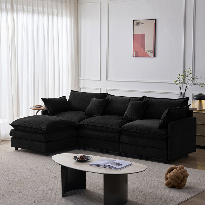 Canapé modulaire en tissu de chenille rembourré de 105 po, canapé modulaire de 105 po et 3 places avec repose-pieds noir