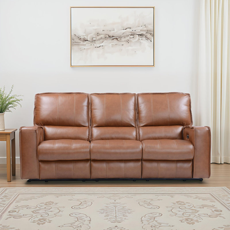 Azyah 86'' Wide Genuine Leather Reclining Sofa, Verona Saddle Pebbled Genuine Leather