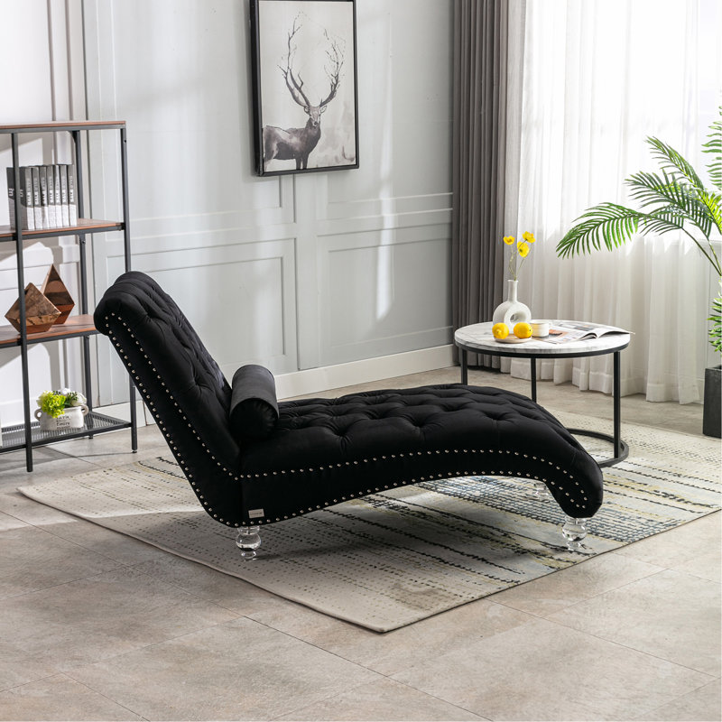 Velvet Chaise Lounge Indoor,Button-Tufted Upholstered Chaise Lounge Chair With Pillow For Bedroom Living Room Office (Black Velvet)