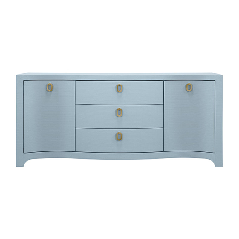 Curved Front Two Door Three Drawer Buffet In Textured Light Blue Linen With Satin Brass Ring Hardware, Textured Light Blue