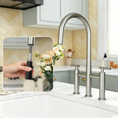 Bridge Kitchen Faucet with Hidden Pull Down Sprayer, 2 Handle 3 hole Widespread Kitchen Sink Faucet