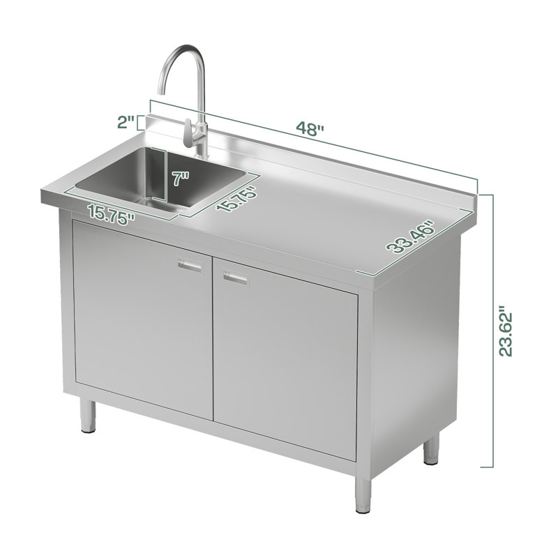 48" W x 24" D x 33.5" Stainless Steel Utility Sink with Cabinet – Freestanding Kitchen & Laundry Workstation with Faucet & Storage