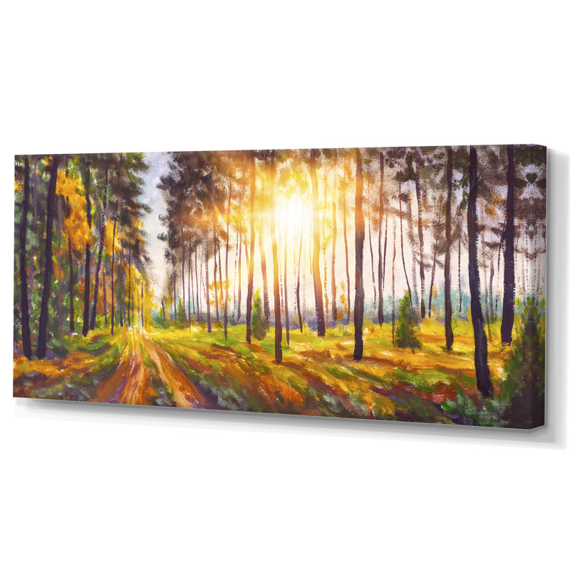 Panorama de coucher de soleil en forêt - œuvre d'art traditionnelle sur toile, L 12 po x H 8 po, Toile tendue