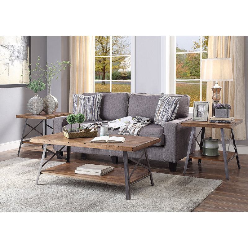 Janiyah Industrial 1-Bottom Shelf End Table in Weathered Oak and Sandy Black (Set of 2)
