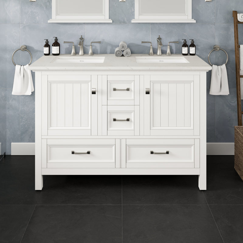Glebs 48"W x 22"D Double Sink Bathroom Vanity with Undermount Porcelain Sink, White, Quartz - White Carrara