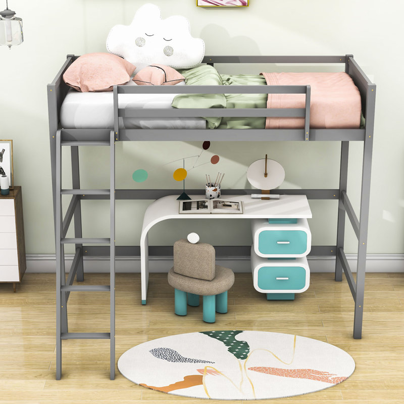 Kids Twin Loft Bed with Guardrail, Gray