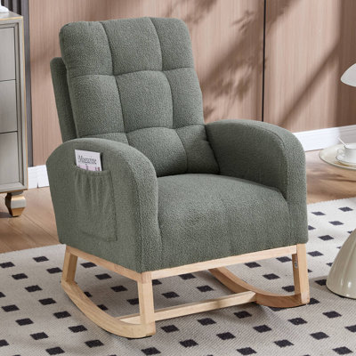 Nursery Rocking Chair, Teddy Upholstered Glider Chair With Side Pocket, Glider Rocker Chair With Tufted Back, Comfy Accent Nursing Chair For Living Room