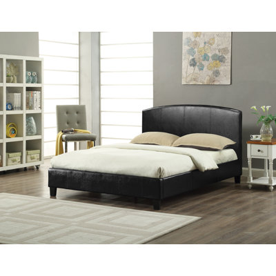 Lit plateforme tapissier moderne avec tête de lit incurvée, cadre de lit en similicuir, aucun sommier requis, espresso, lit double