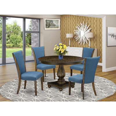 L'ensemble de table de salle à manger 5 pièces pour 4 personnes comprend une table de cuisine ronde avec piédestal et 4 chaises rembourrées en tissu de couleur bleue, jacobine vieilli