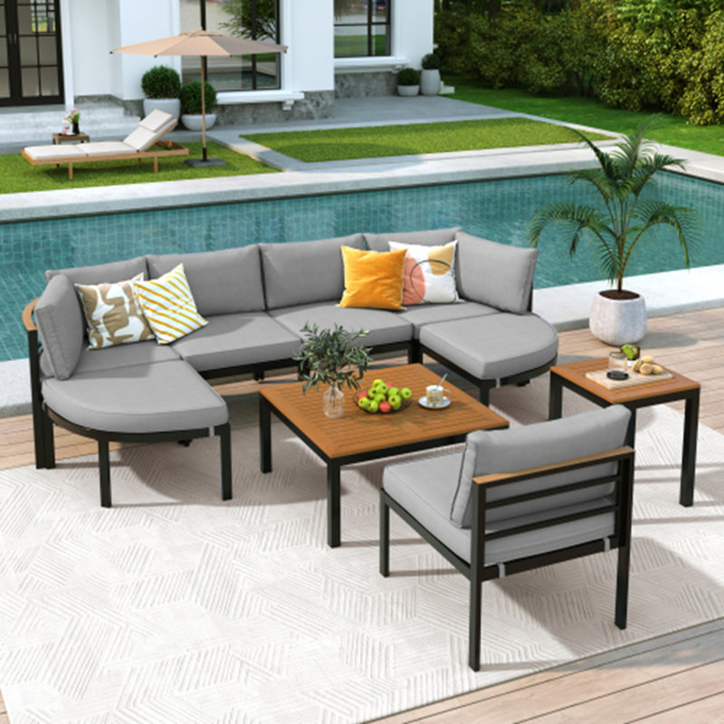 Ensemble de conversation modulaire d'extérieur moderne avec ensemble de conversation et coussins de patio, Gris