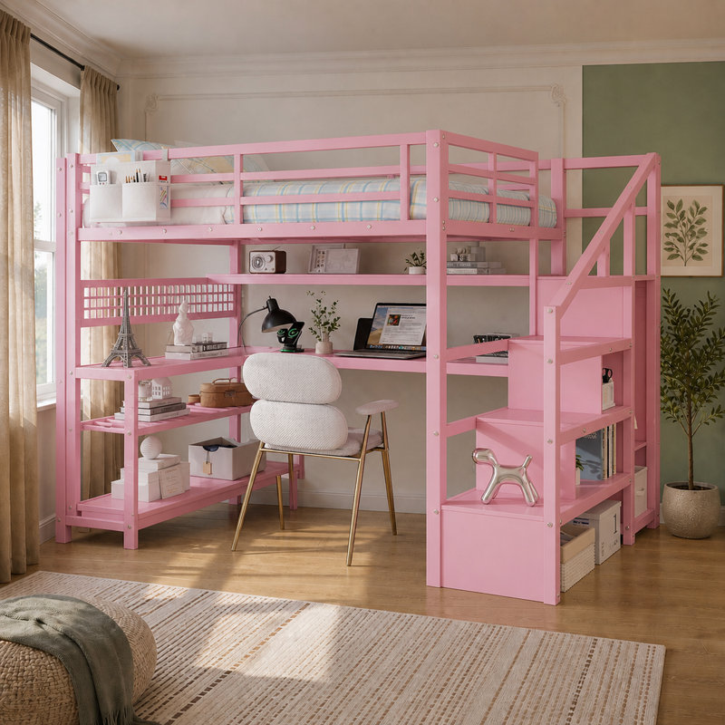 Lit mezzanine double avec escalier, garde-robe et bureau, Rose