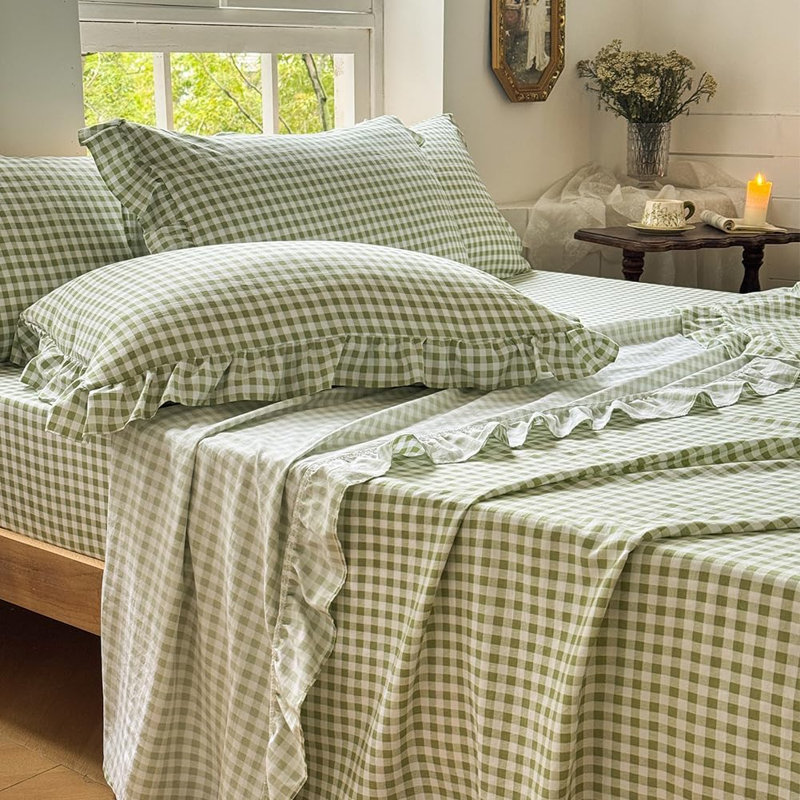 Ensemble de draps Gingham Ruffle, Très grand lit, Vichy vert sauge