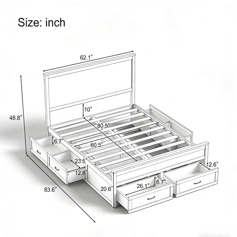 Lit de rangement moderne en bois avec 6 tiroirs, Blanc