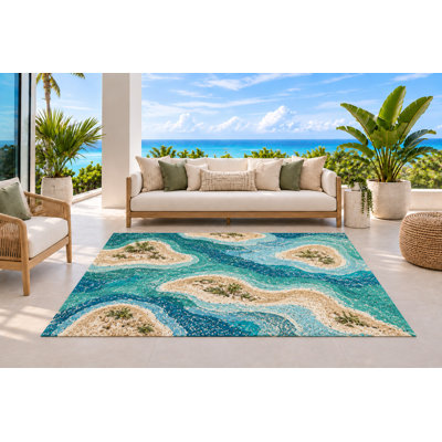 Tapis d'extérieur 152 x 213 cm (5 pi x 7 pi) à motif de rivage insulaire et courants océaniques avec accents beige sable, tapis bouclé en PVC imperméable, tapis résistant à séchage rapide pour porche, terrasse, balcon ou entrée.