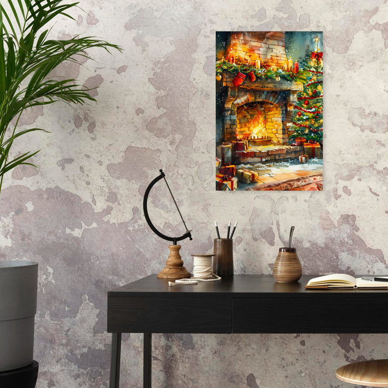Cozy Christmas Fireplace Abstract Contemporary Christmas Tree Winter, art mural, 24" H x 16" W