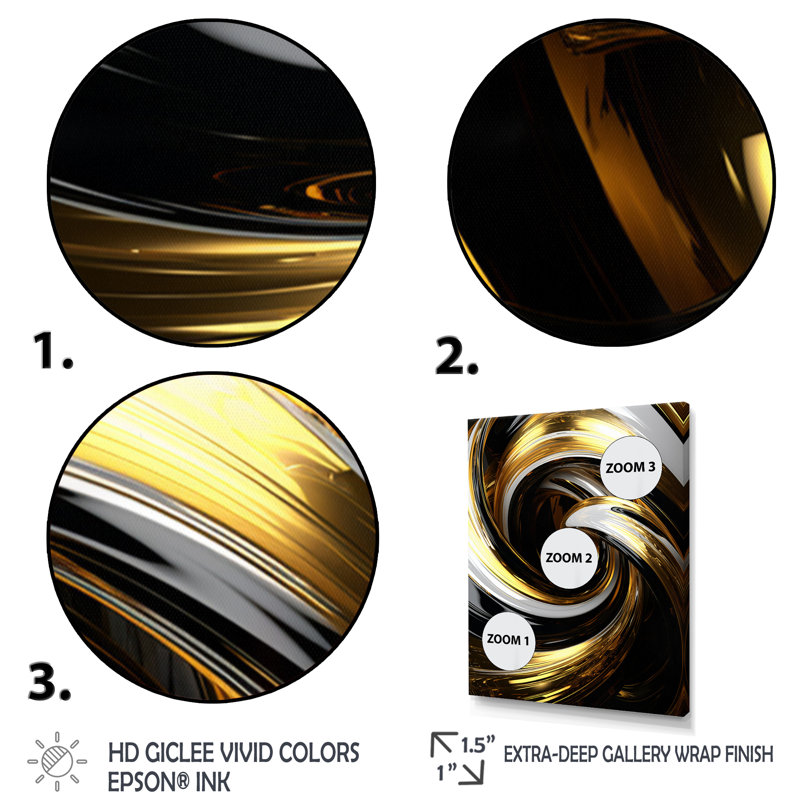Liquide or noir blanc abstrait spirale minimale sur toile, H 20 po x l 12 po x P 1 po, Cadre flottant noir