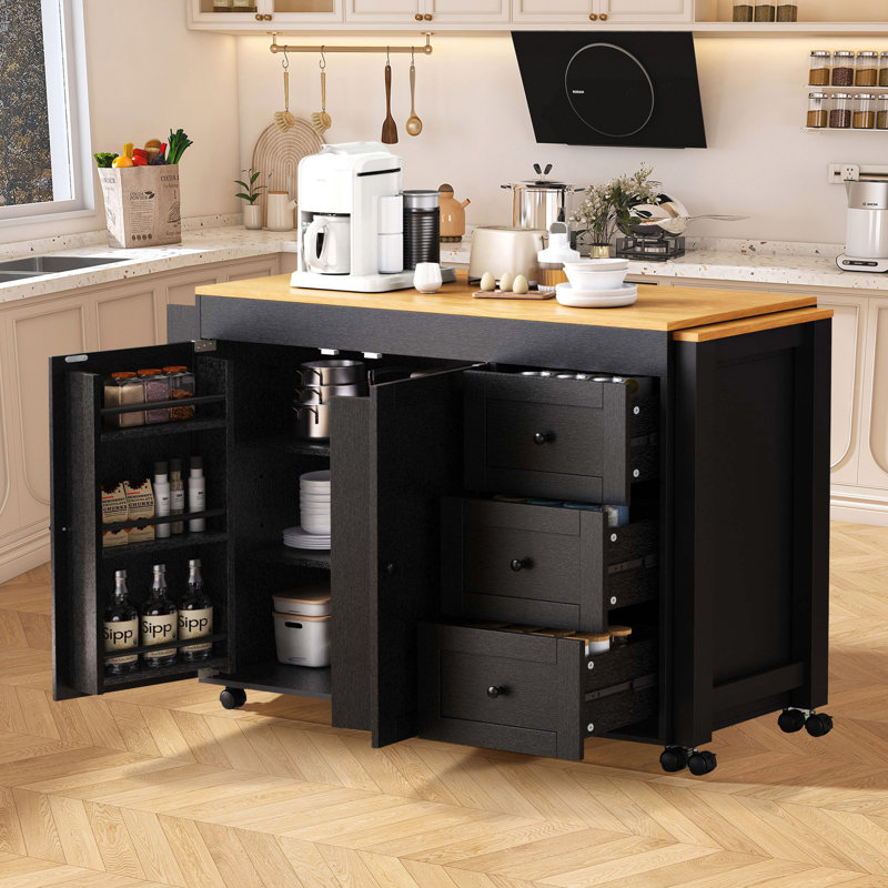 Arlonda 74.8" Kitchen Island With Storage And  Extendable Dining Table, Black