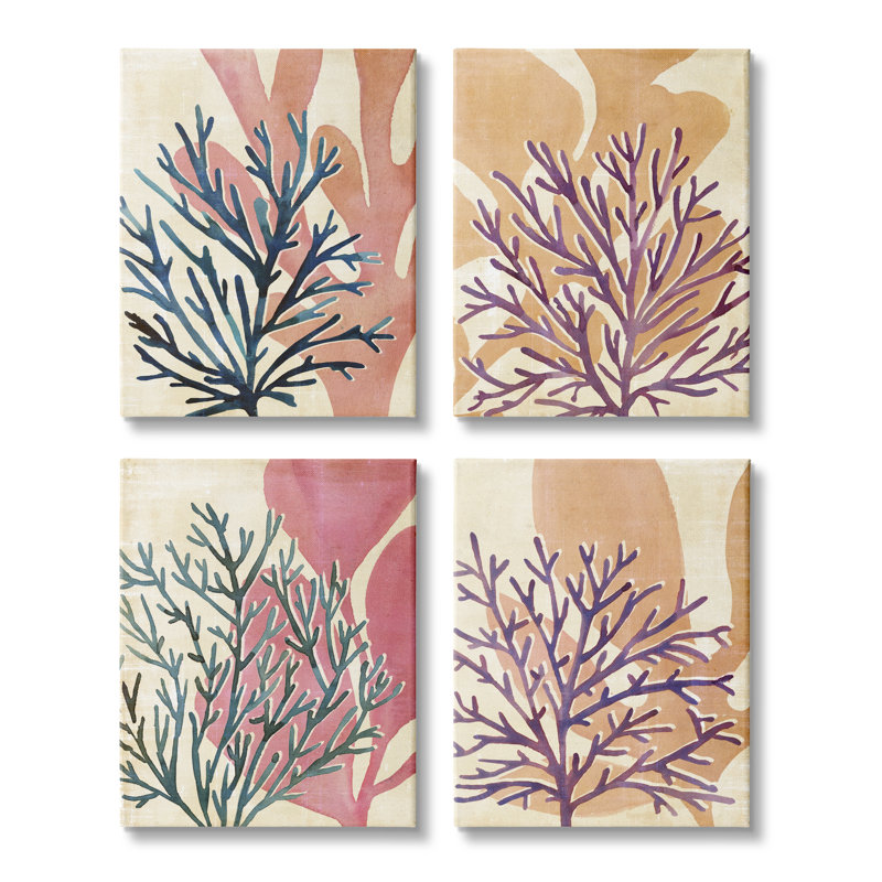 Ensemble de 4 impressions d’art graphique, "orange Purple Kelp" par Annie Warren, H 20 po x l 16 po x 1,5 po, Toile tendue