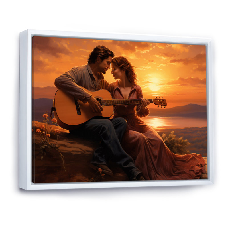 Romantic Couple Playing Guitar At Sunset - Romantic Landscape Canvas Wall Art, Cadre flottant blanc, 34" H x 44" W