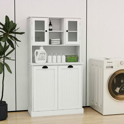 Armoire de salle de bain inclinable à deux compartiments avec panier à linge haut et 2 tablettes réglables