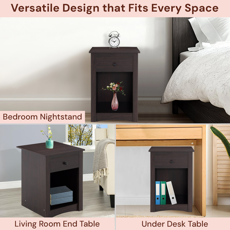 Beachmont Wooden End Table with Drawer and Shelf, 2 Tier Side Table Storage Cabinet for Bedroom, Home Office, Espresso