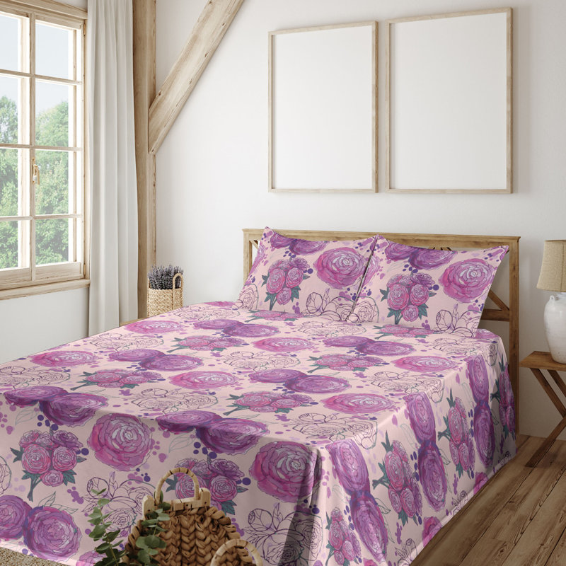 Ambesonne Watercolor Botany Sheet Set 4 Pcs Retro Boho Bloom, Queen Sheet Set with 2 Pillowcases