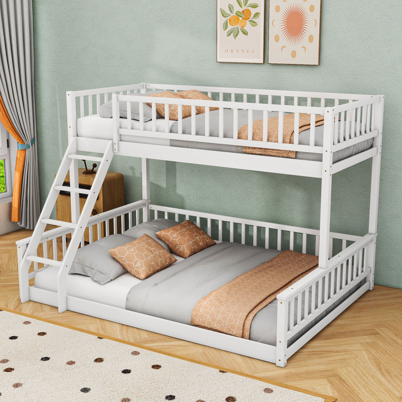 Wood Bunk Bed With Ladder And Slats, Twin XL Over Queen, White