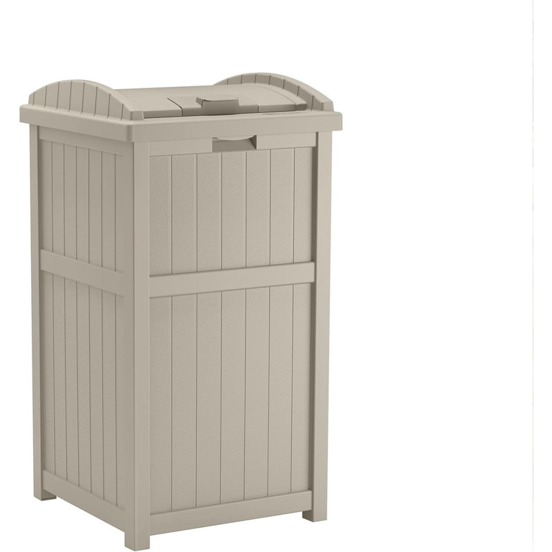 The 33 Gallon Durable Plastic Hideaway Outdoor Garbage Can with Secure Lid and Wicker Design, Taupe