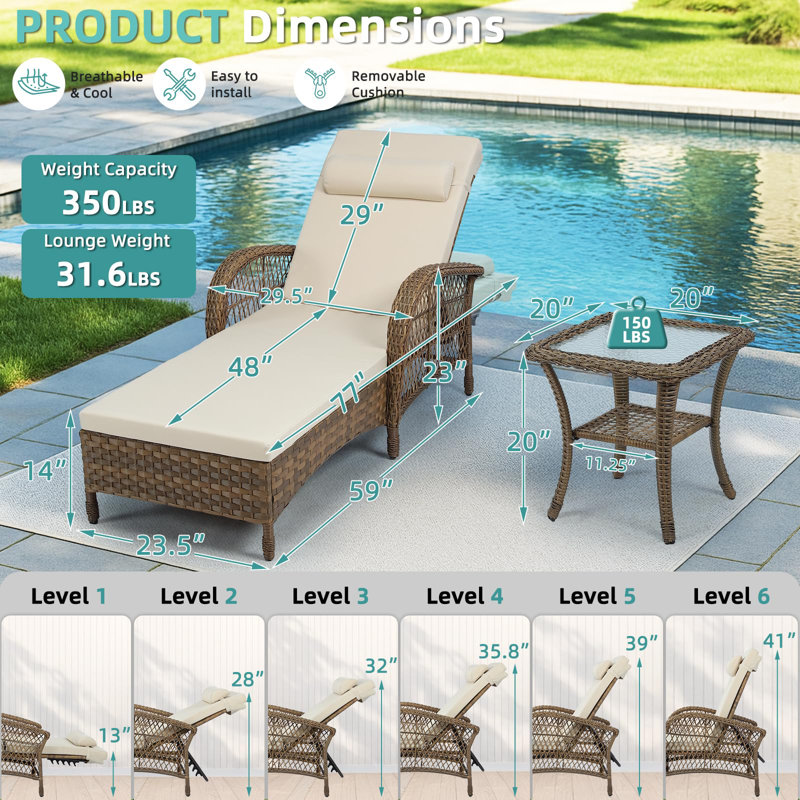 3 Pieces Outdoor Wicker Chaise Lounge Chair Set, All-weather Pe Rattan Cushioned Patio Lounger Set Of 2 With Side Table, Adjustable Pool Sunbathing Recliner With Armrest & Pillow, Beige