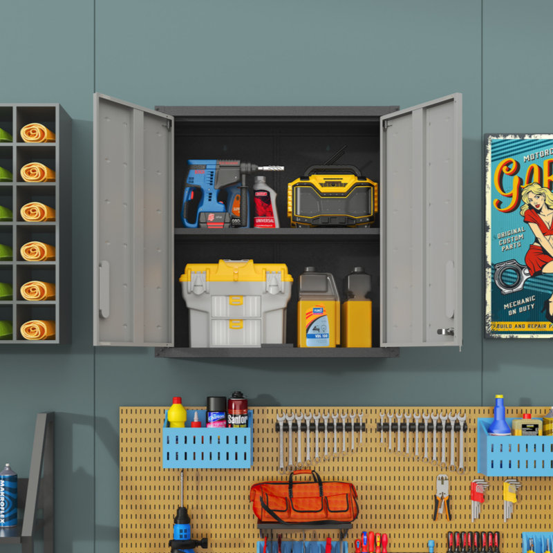 Metal Wall-Mounted Tool Storage Cabinet With Locking Door And 1 Shelf 1 Opened Drawer