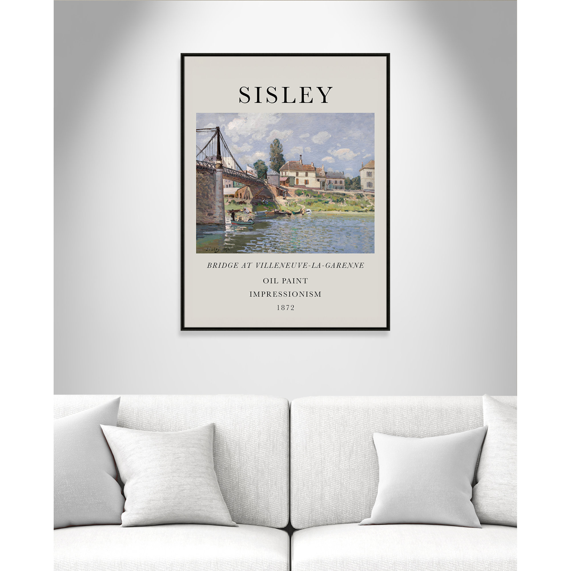 Old Masters Collection " The Bridge At Villeneuve " by Alfred Sisley, 49.5" H x 37.5" W x 2" D, No, Espresso Floater Frame